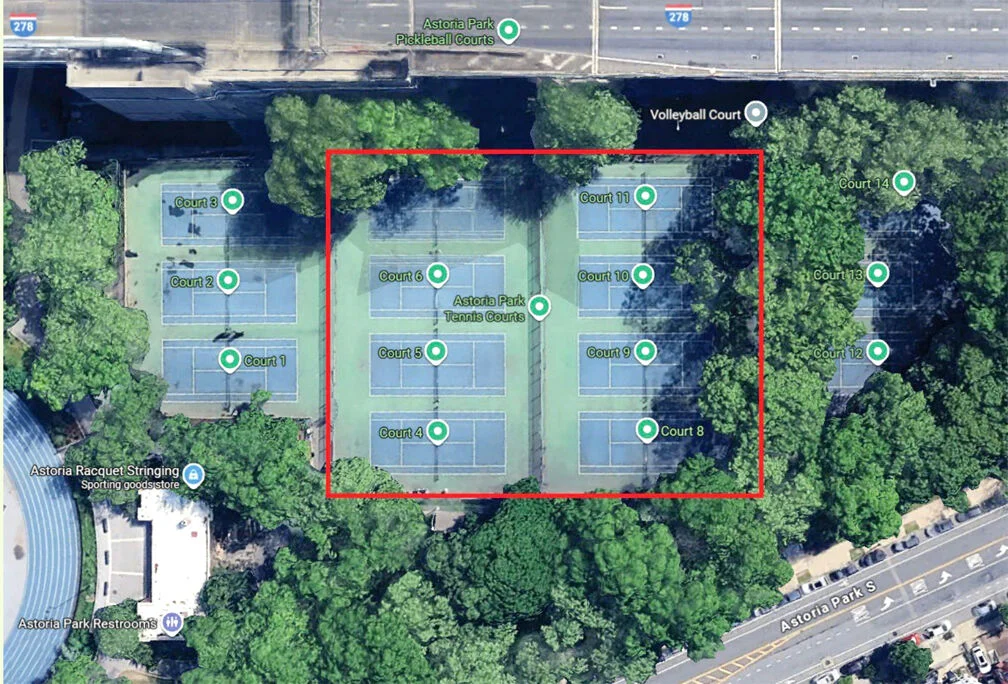 Aerial site map of Astoria Park tennis courts. A red rectangle marks 8 courts (4–11) proposed for enclosure under the bubble. Courts 1–3 sit to the west, outside the bubble; courts 12–14 sit to the east, only reachable by walking through the bubbled area.