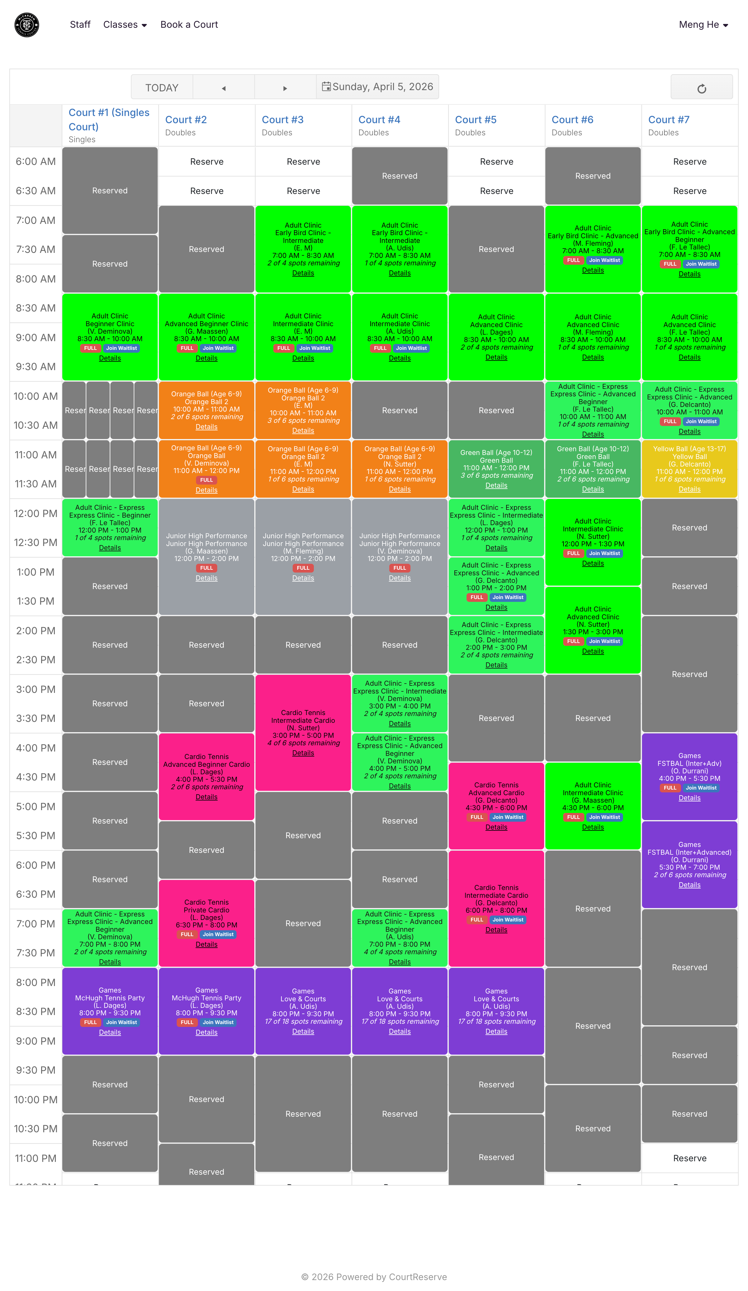 McCarren court schedule for Saturday April 4, 2026 — all 7 courts, 6am to midnight, showing vendor clinics, cardio classes and reserved blocks filling most of the day.