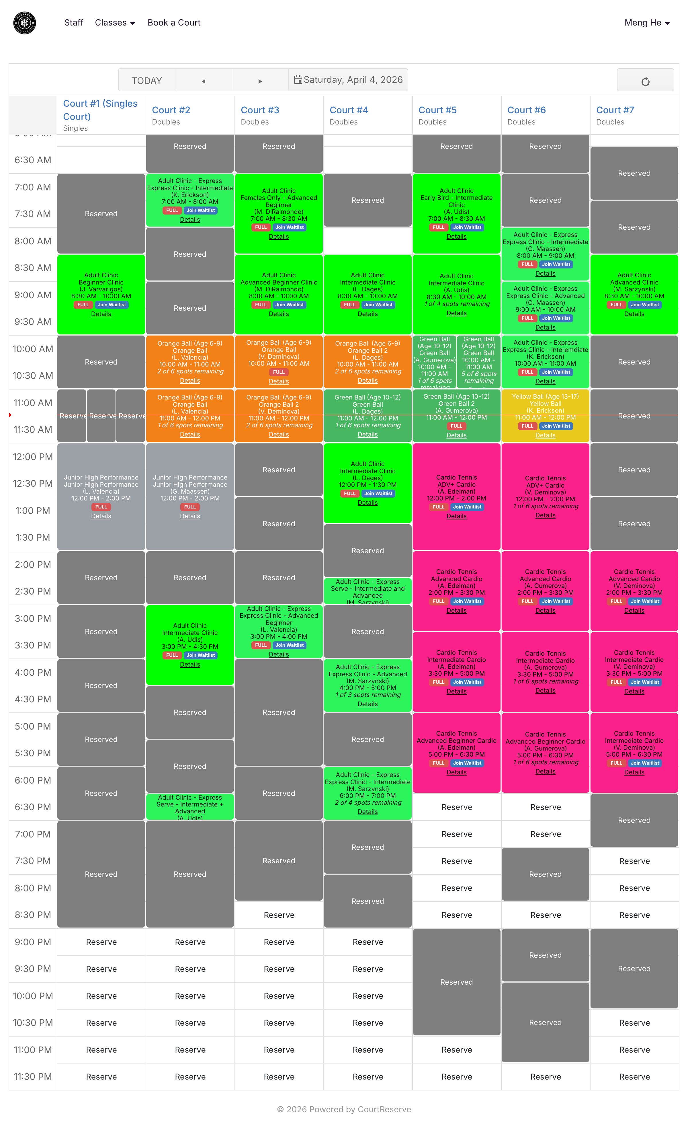 McCarren court schedule for Sunday April 5, 2026 — clinics and reserved blocks across all 7 courts.