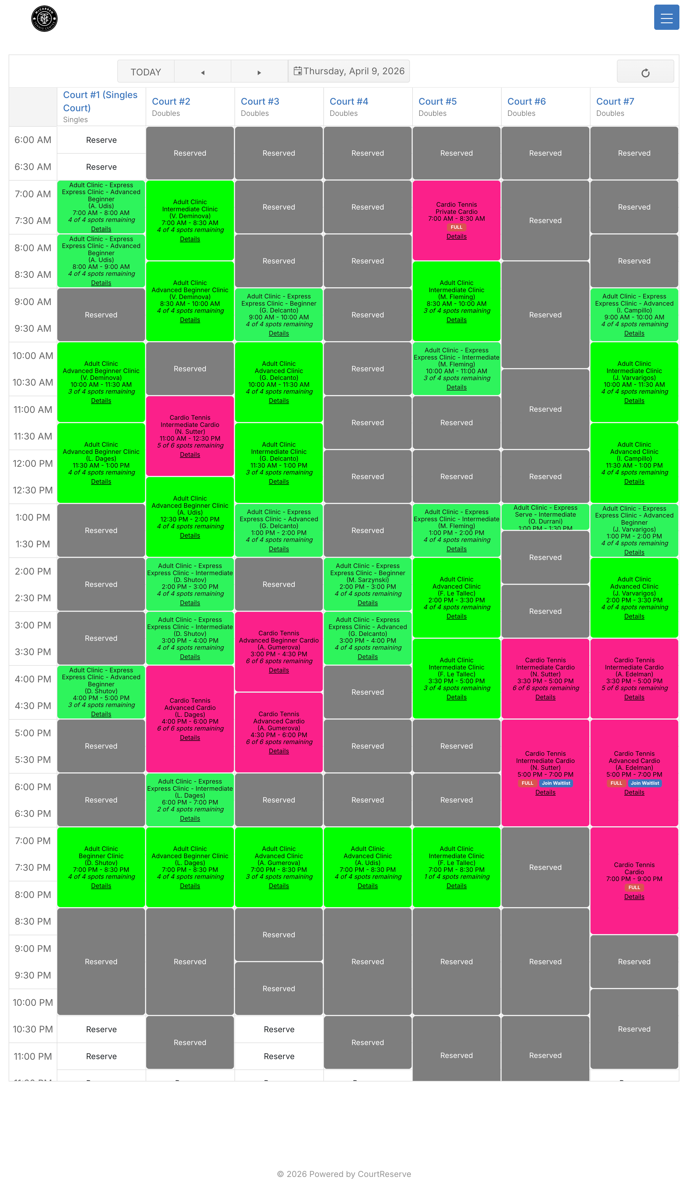 McCarren court schedule for Thursday April 9, 2026.